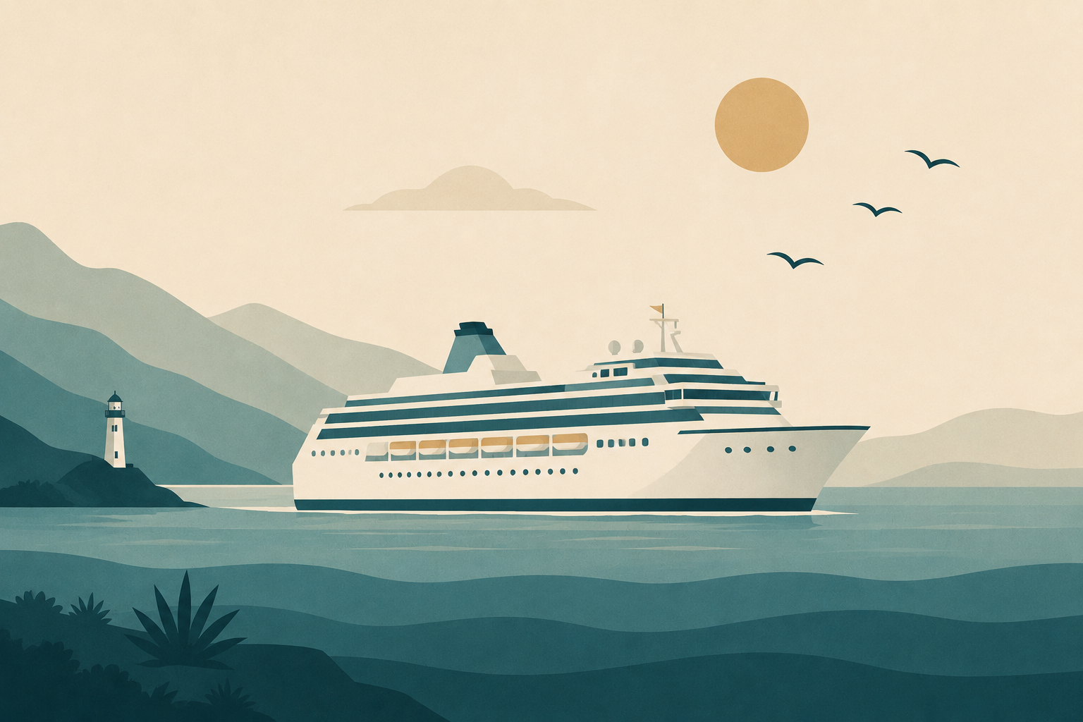 Northern-Lines-Illustration eines Kreuzfahrtschiffs vor einer ruhigen Küstenlandschaft